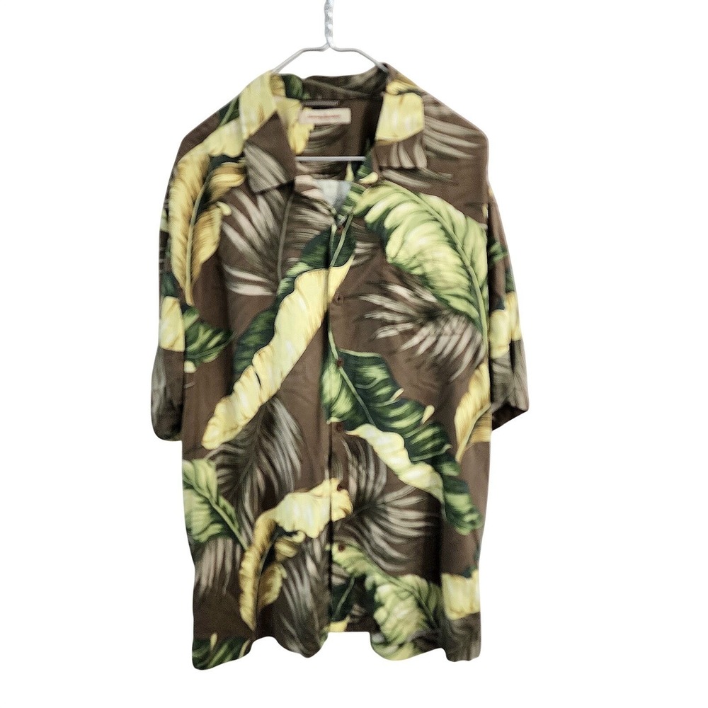 Tommy Bahama 100% Silk Shirt Men's XL Green Hawaiian Camp Button Up Aloha Leaves